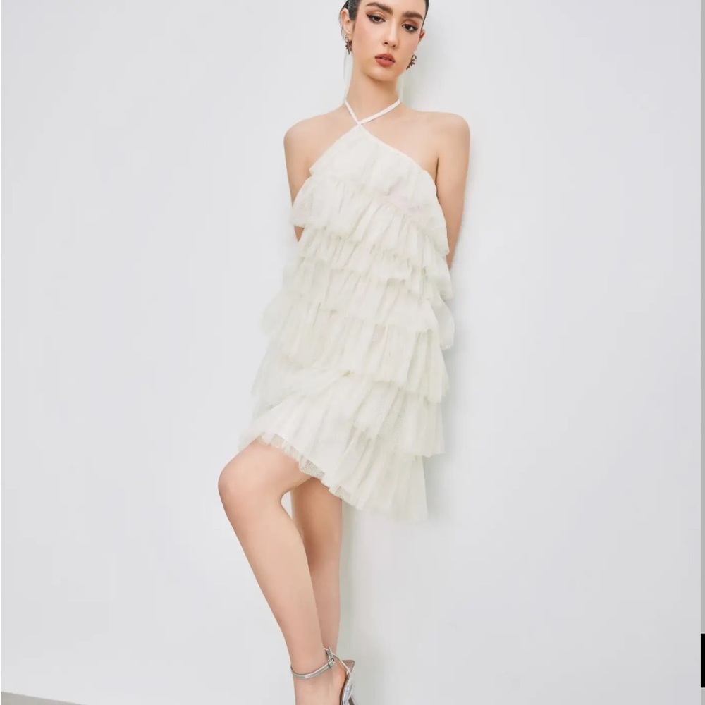 Cider Halter Cream Sparkle Ruffle Dress